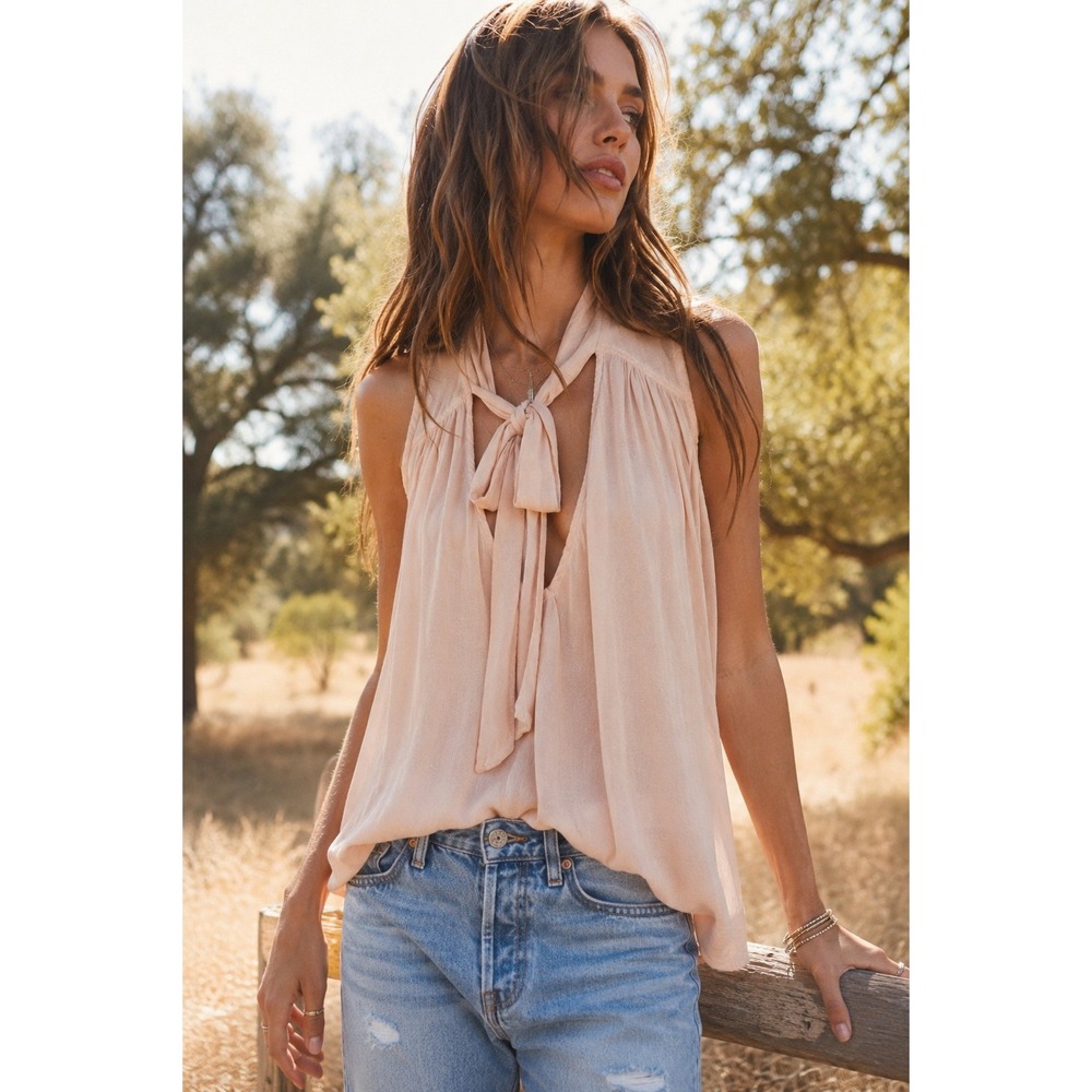 Free‎ People Blush Pink Tie Neck Sleeveless Rayon Blouse Top Small Boho